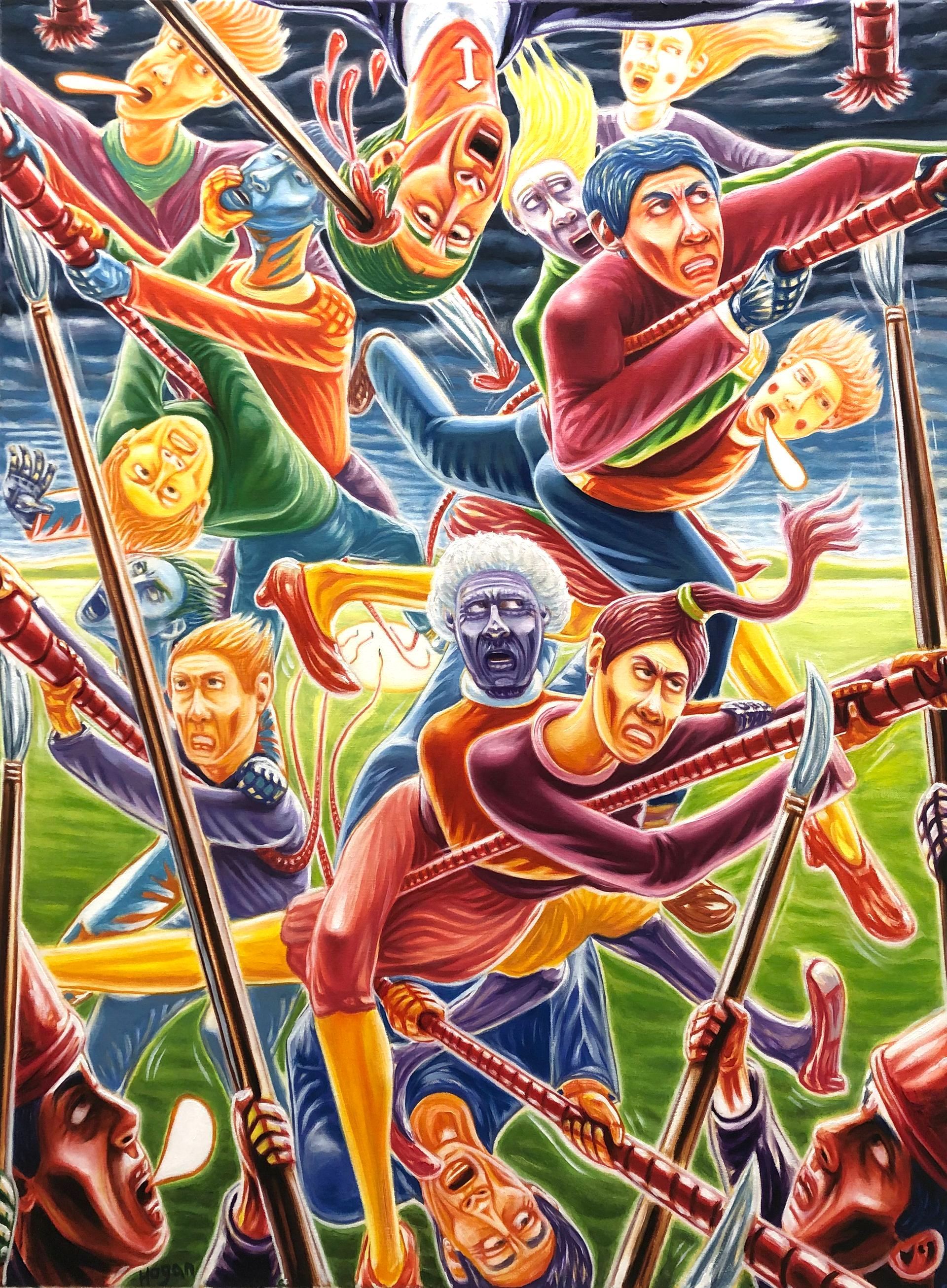 Colorful scene of frantic figures with spears; some pierced. Expression of fear, anger, and conflict on faces. Green field, dark sky.