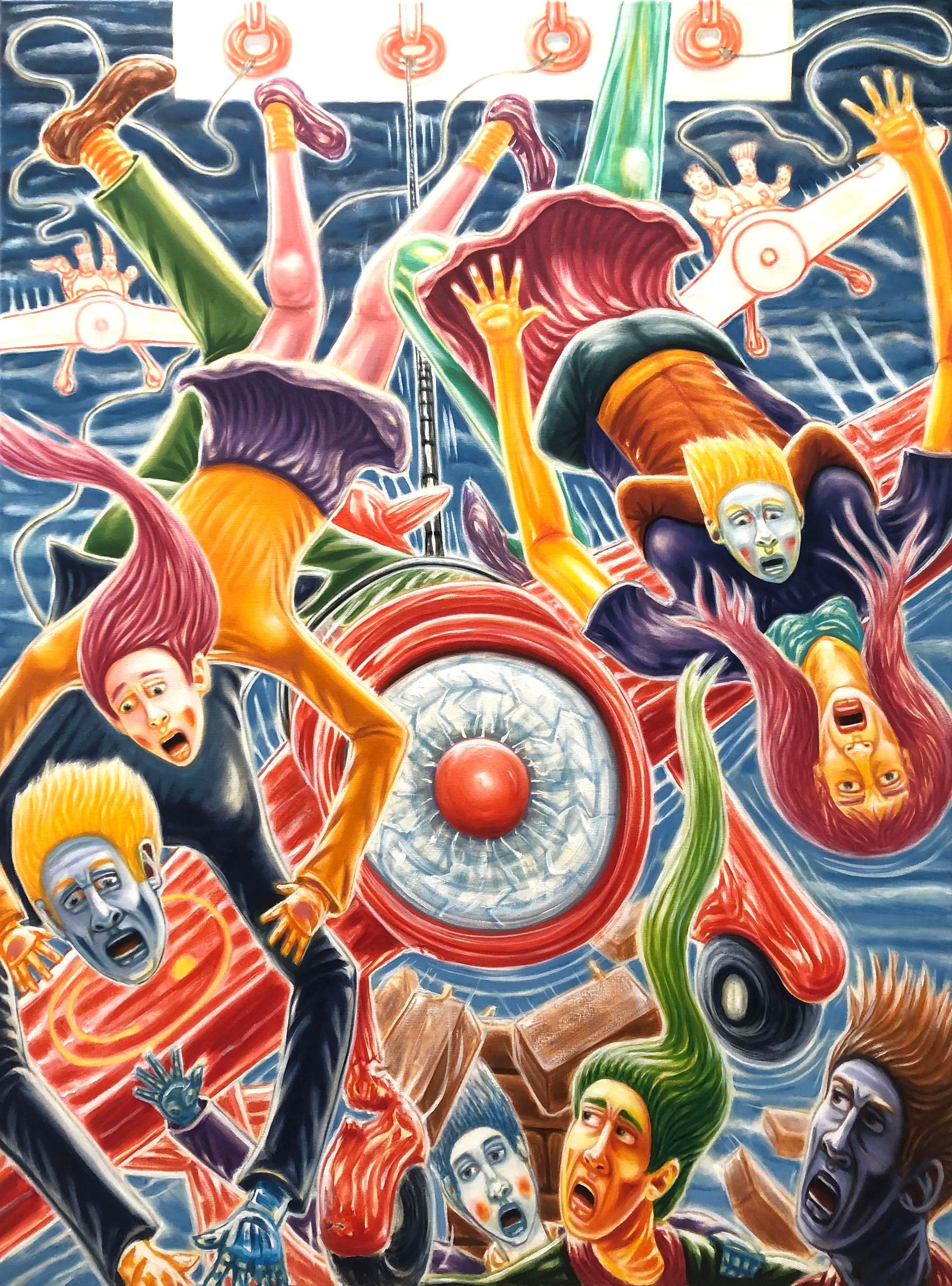 People tumbling through the air, wide-eyed, around a large red object, in a chaotic, colorful scene.