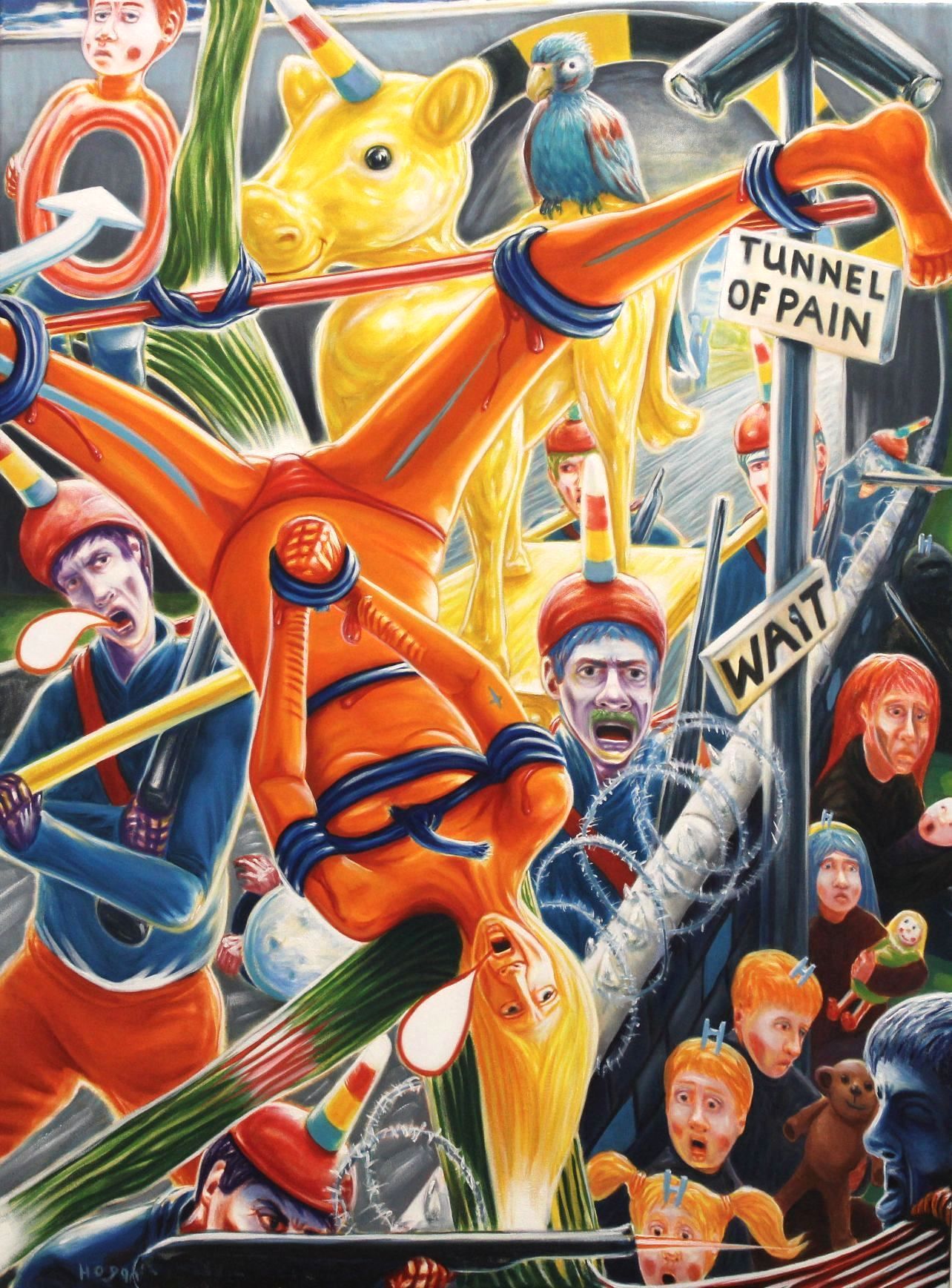 Cartoonish scene; a figure in orange is upside down near 