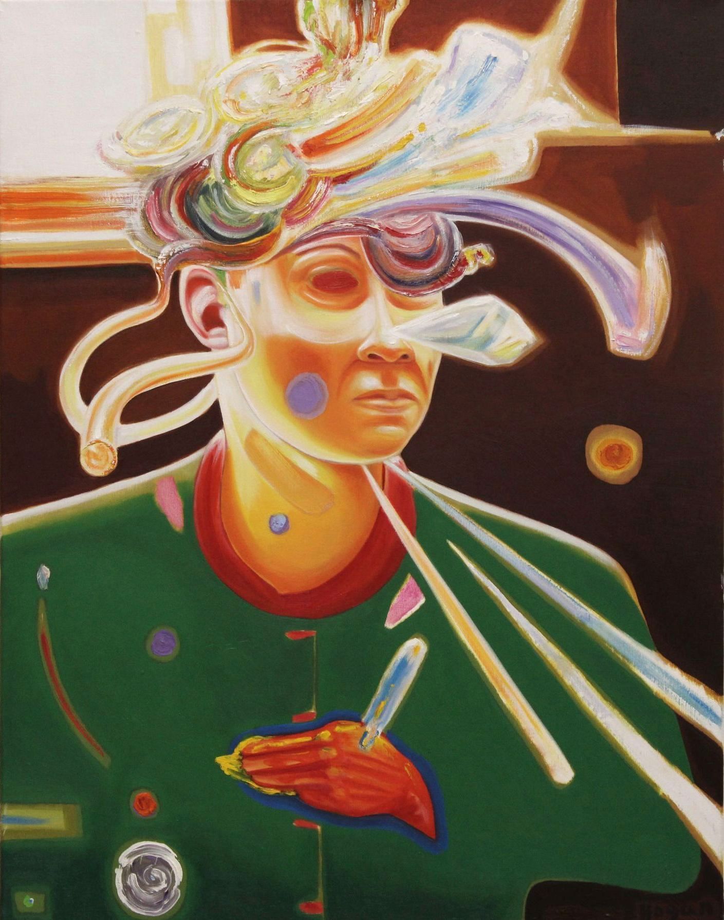 Portrait with colorful, abstract shapes extending from the head, hand holding object, green jacket.