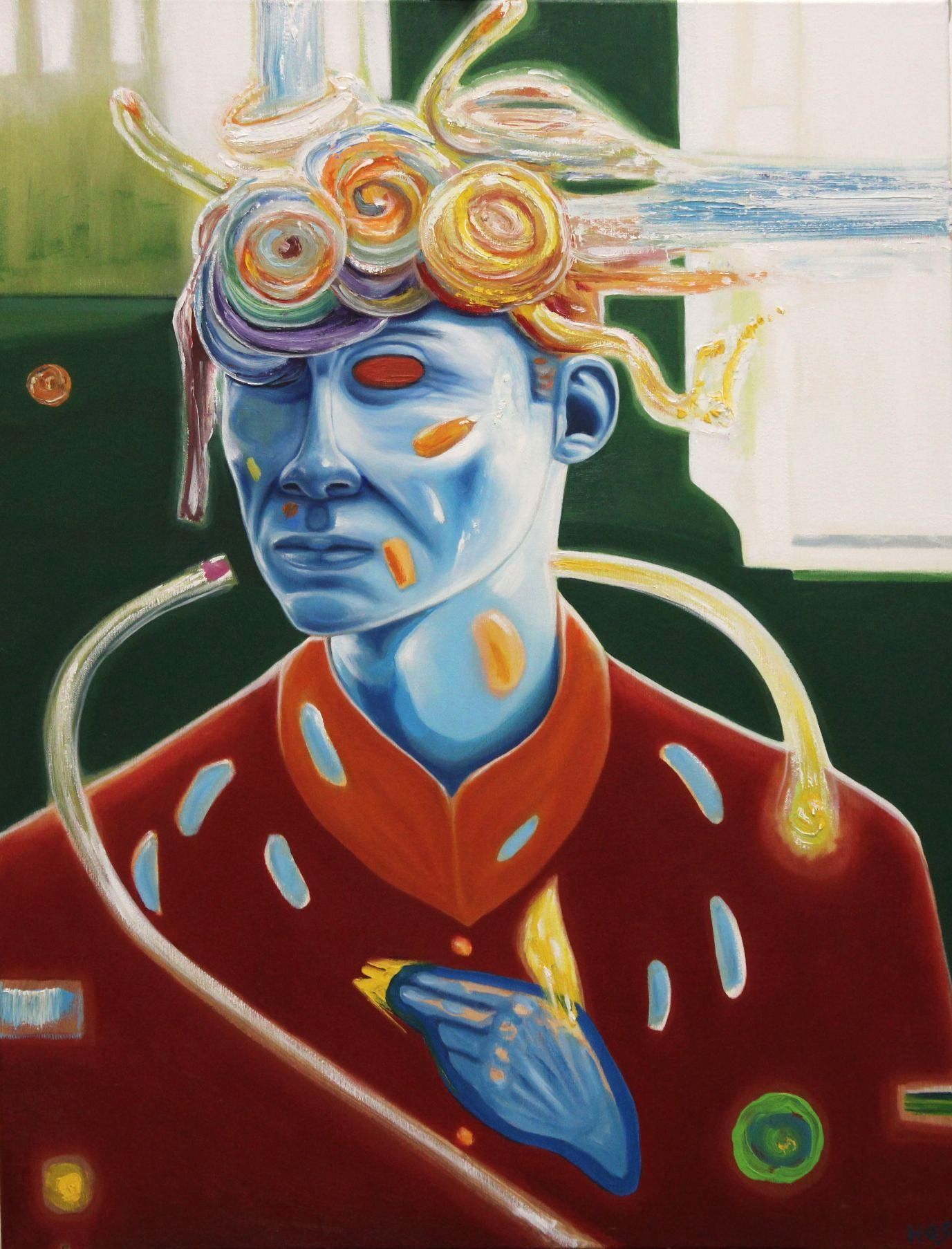 Blue-skinned person with colorful brain-like swirls, red coat, looking left. Green background, white window frame.