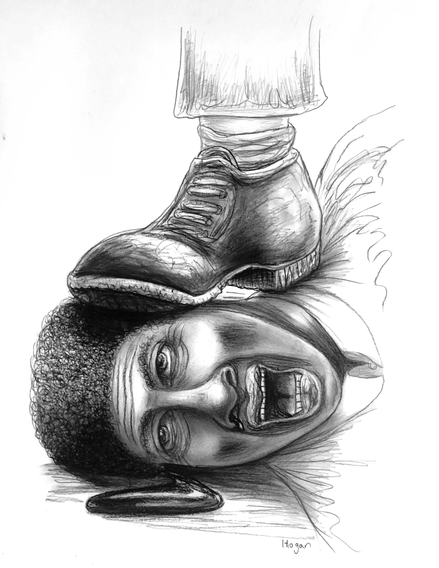 A boot crushes a screaming person's face. Blood on the ground.