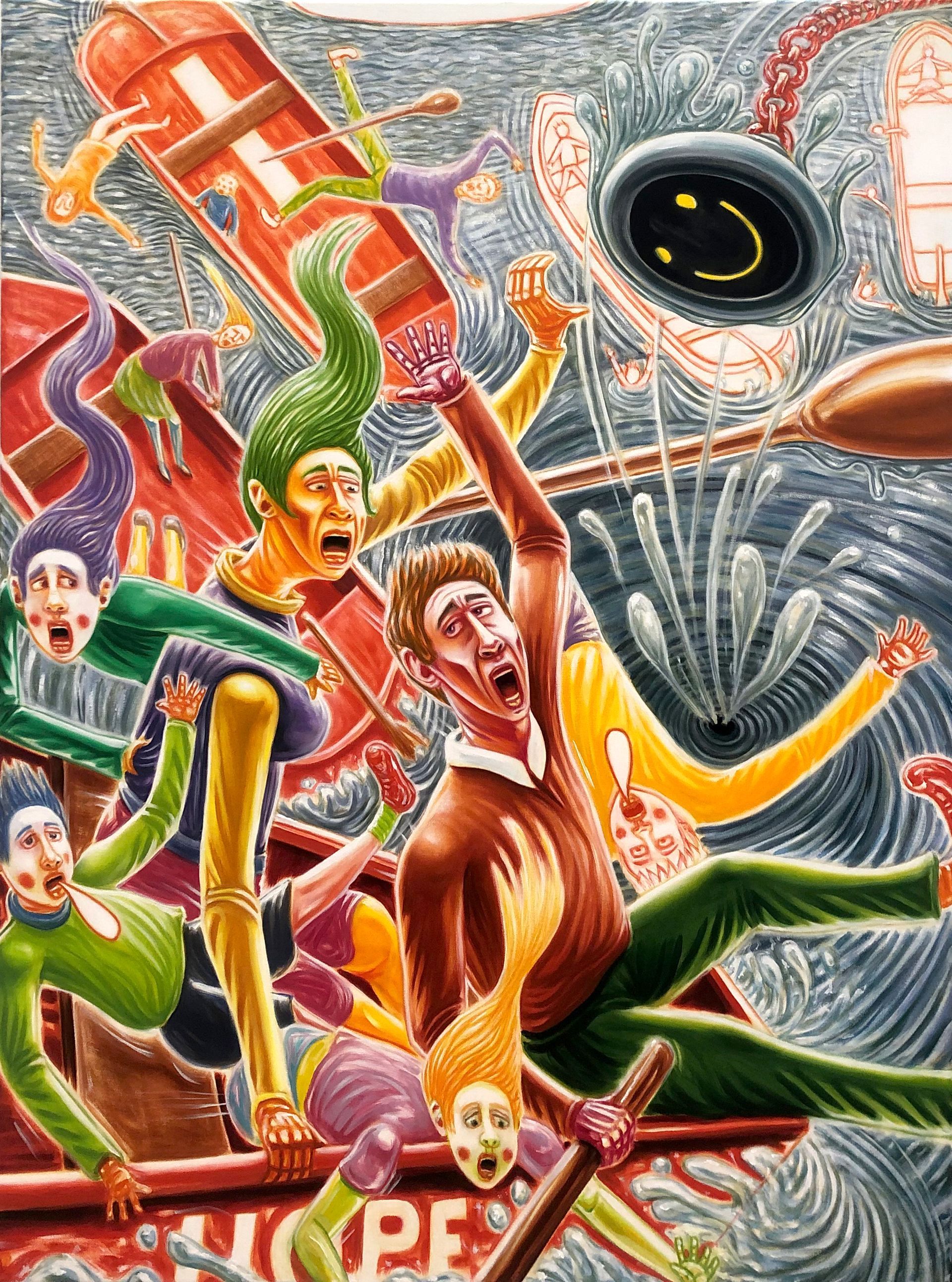 People in a boat struggle in chaotic waves. Faces show panic; a smiley-face object floats. Bright colors.