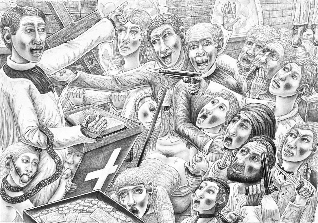 People gathering around a vicar with a book and cross, some with open mouths. Black and white.