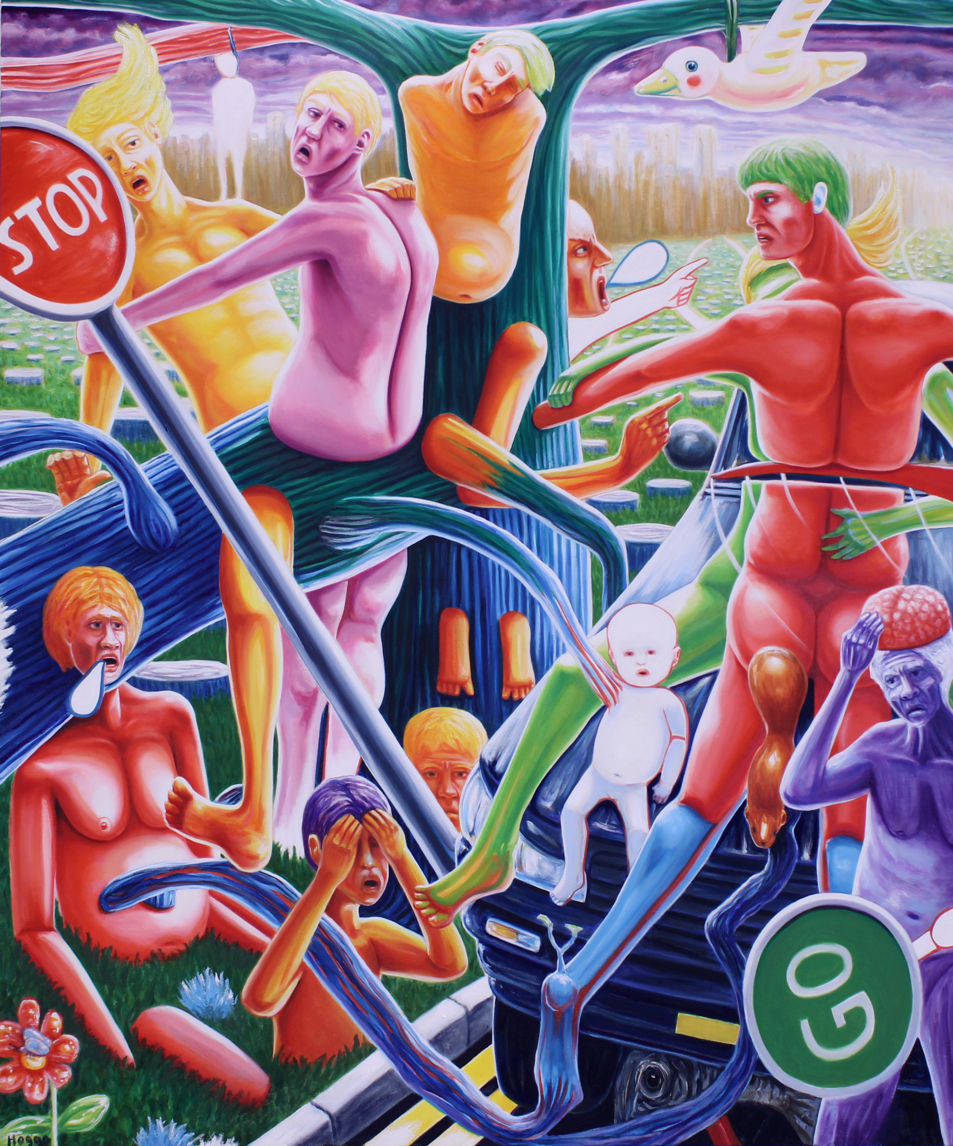 Surreal painting: Colorful nude figures interact around a tree with road signs, a car, and a bird.