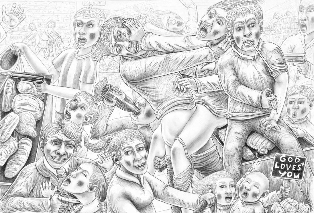 Disturbing pencil drawing: chaotic crowd of distorted faces, contorted bodies, with 