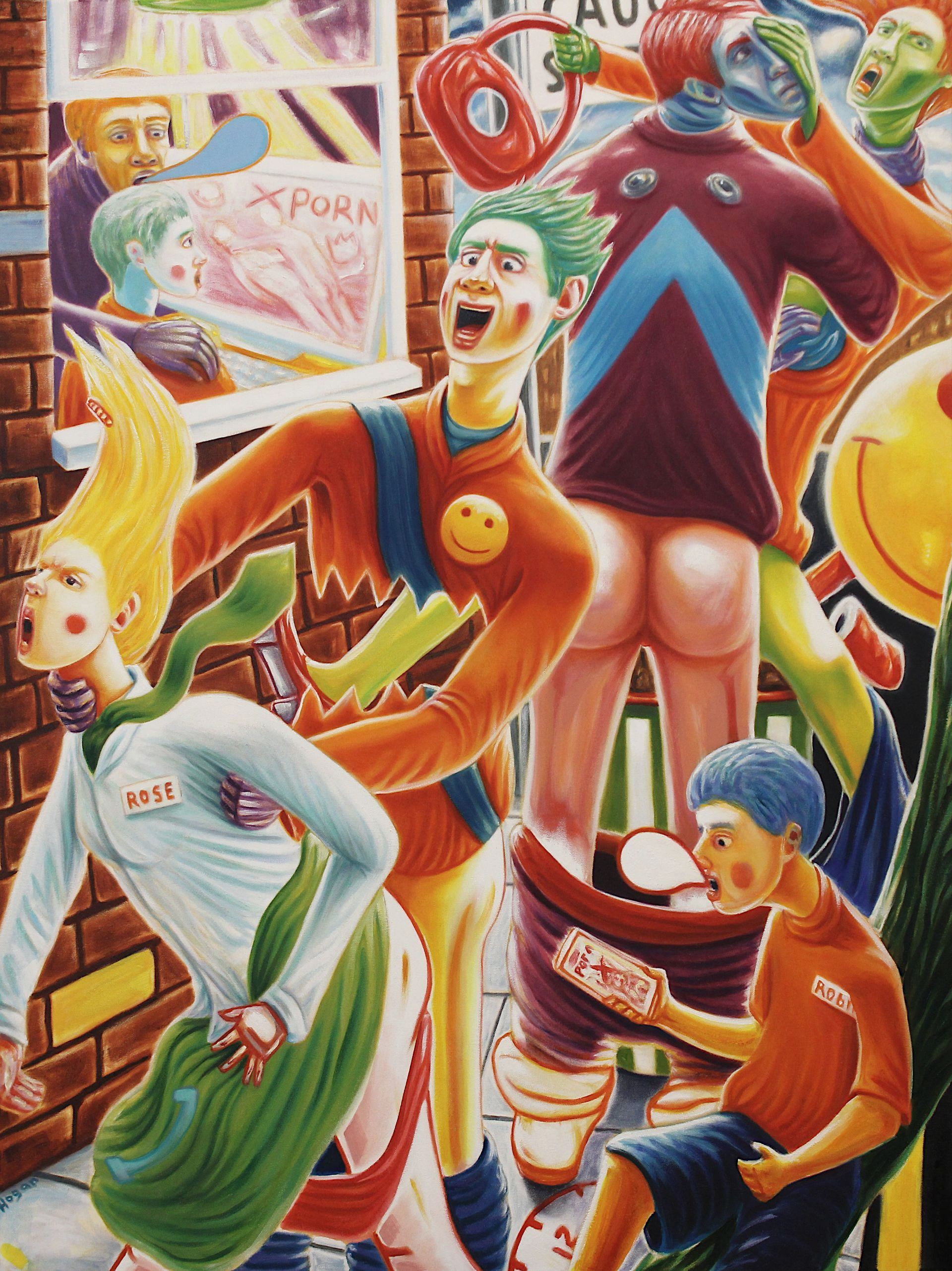 People with exaggerated features in a colorful, chaotic street scene; a man with exposed buttocks, a sign reading 