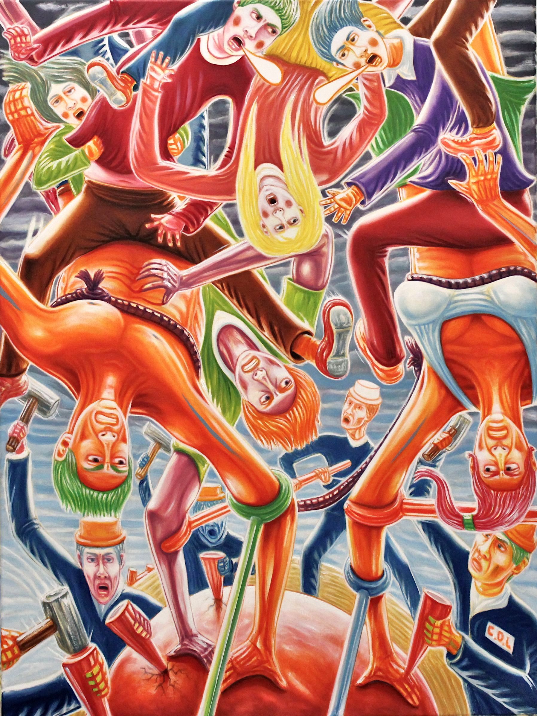 People attached to poles on a giant apple. Upside-down figures reach, colored in bright oranges, reds, and greens.