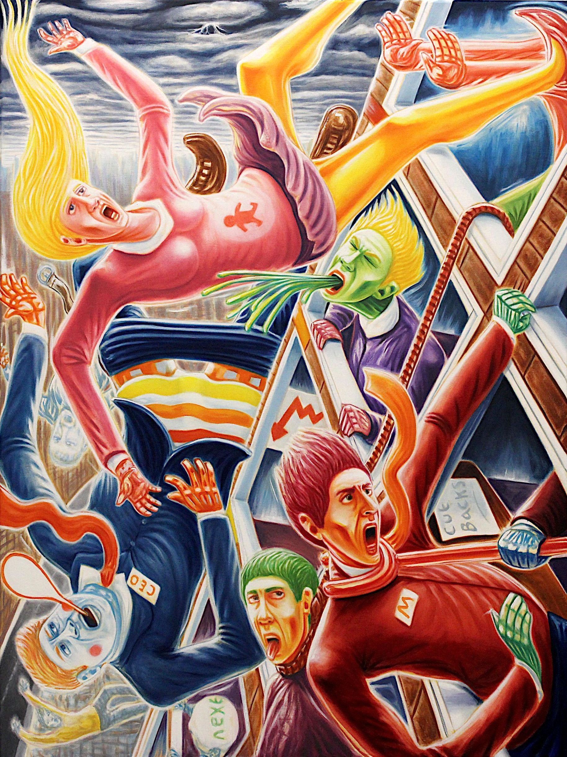 Whimsical, chaotic scene: figures of various colors fall or float, expressing panic, set against a geometric background.