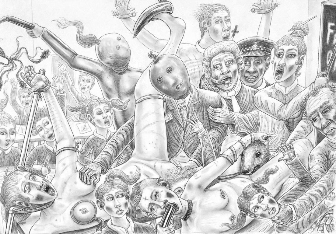 Black and white drawing of a chaotic scene. Figures with distorted expressions surround a phallic form. Violence and distress are evident.