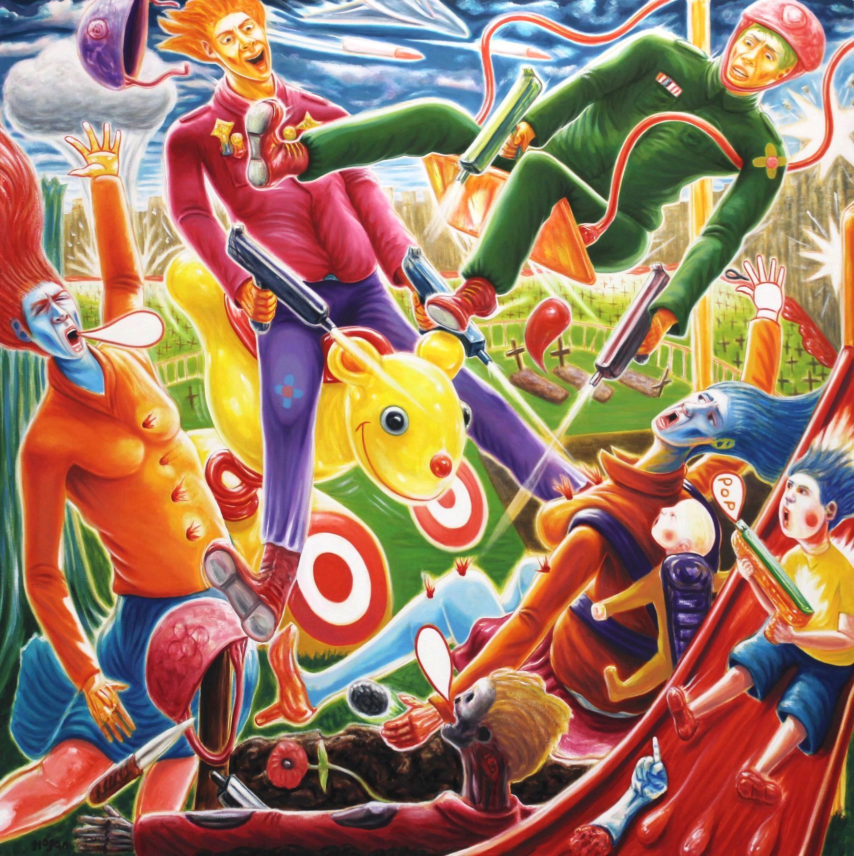 Figurative scene of cartoonish figures with weapons at a playground, chaotic and violent.