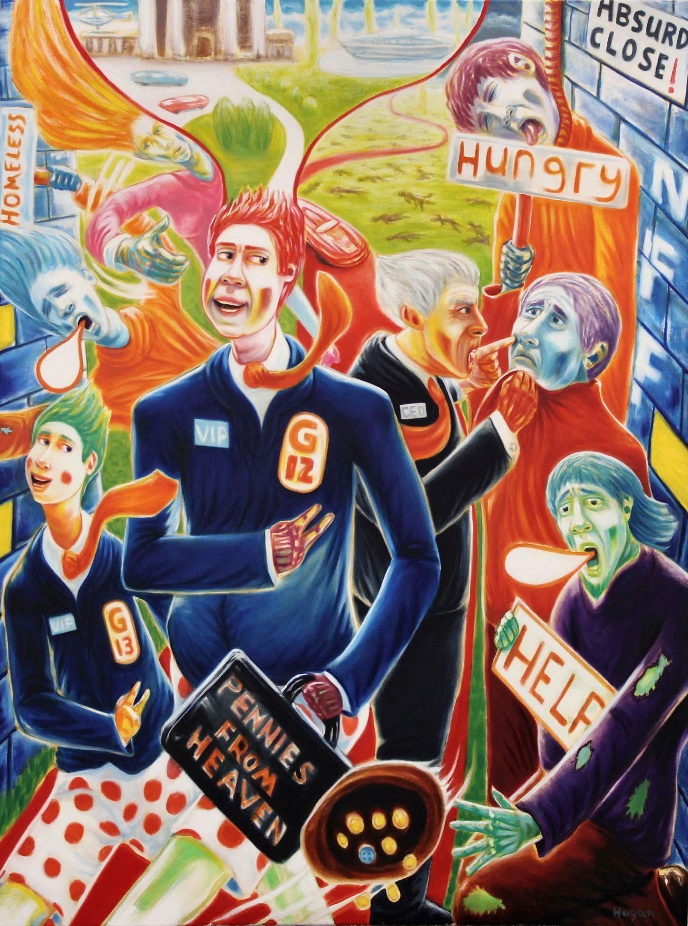 Colorful illustration of a man with a 'GIZ' uniform, surrounded by suffering figures. Holds sign, 