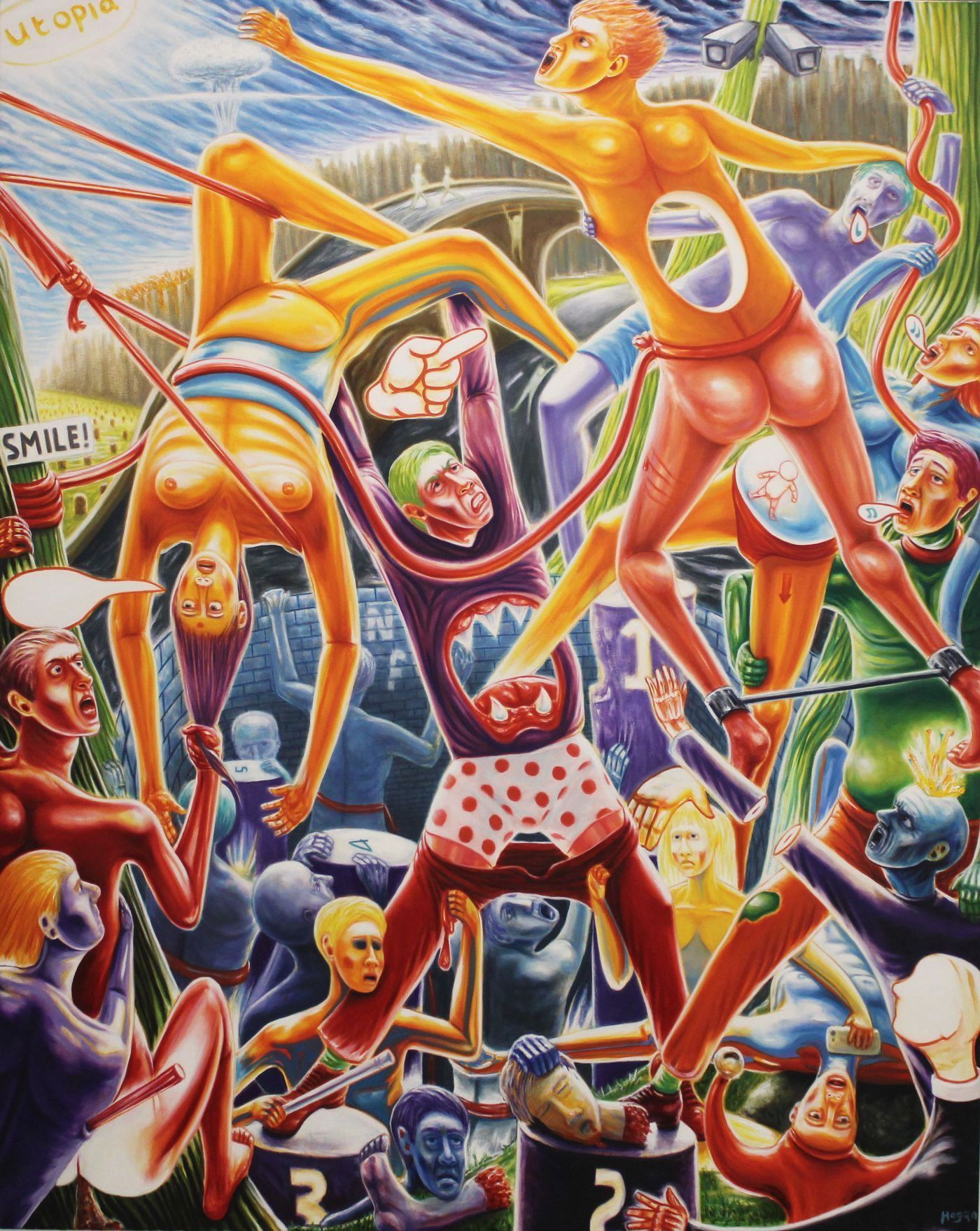 Surreal painting of humans in a colorful, chaotic setting; figures with hollows, connected by wires.