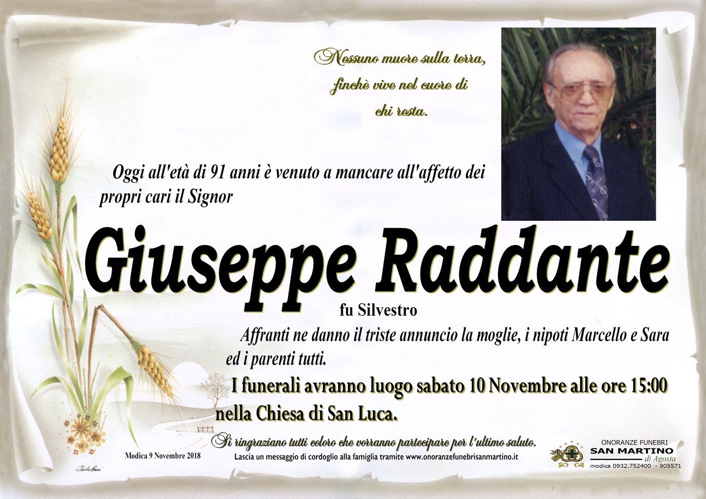 necrologio Giuseppe Raddante