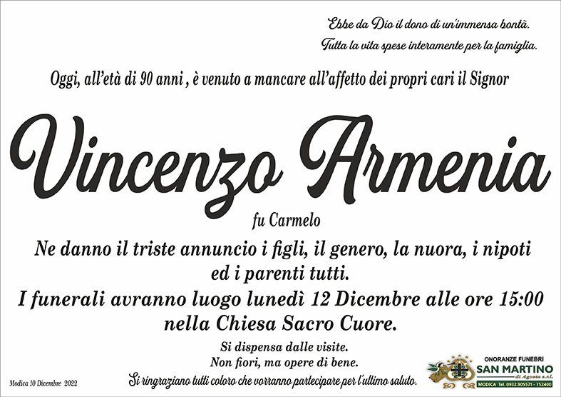 necrologio Vincenzo Armenia