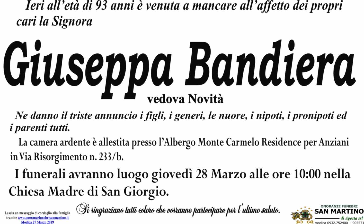 necrologio Giuseppa Bandiera