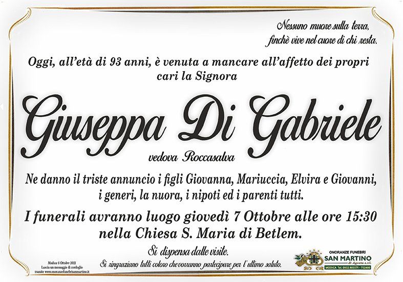 necrologio Giuseppa Di Gabriele