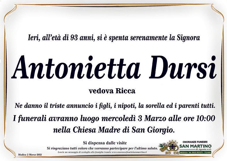 necrologio Antonietta Dursi