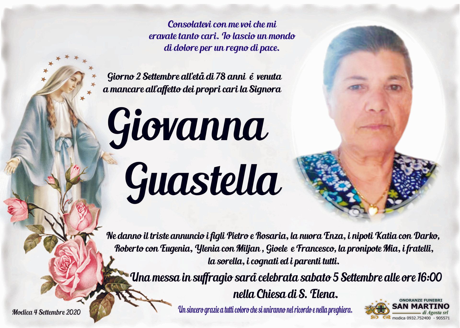 necrologio Giovanna Guastella
