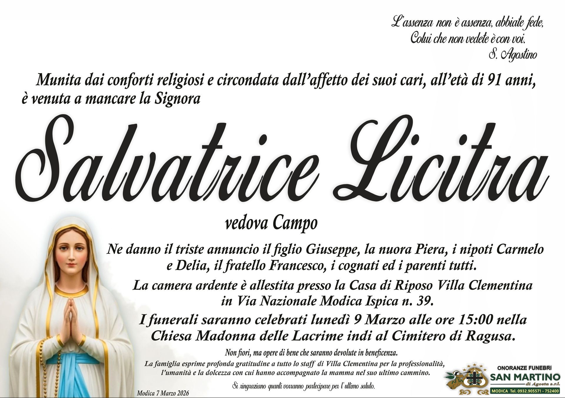 necrologio Salvatrice Licitra