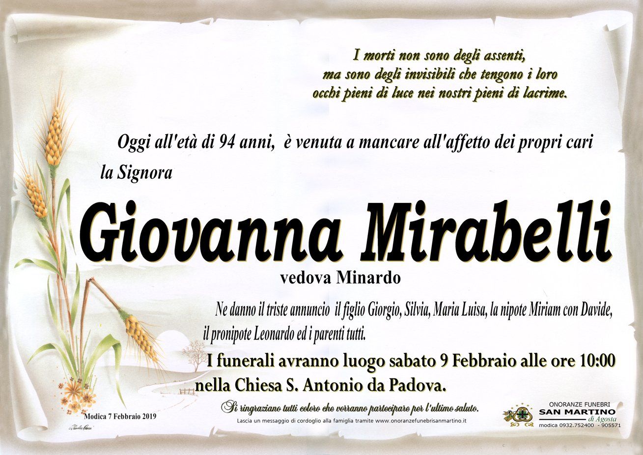 necrologio Giovanna Mirabelli