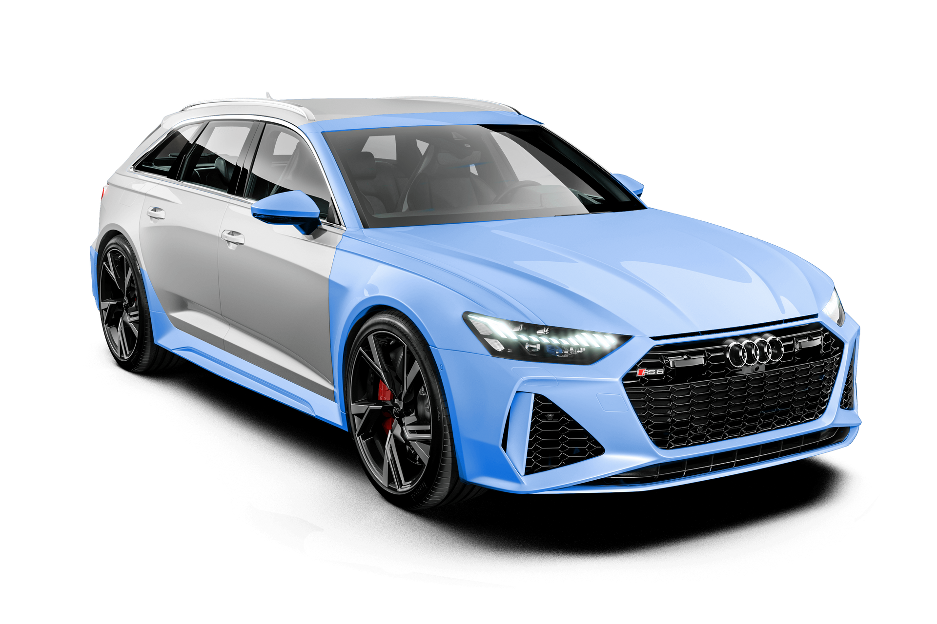 Light blue and silver Audi RS6 Avant.