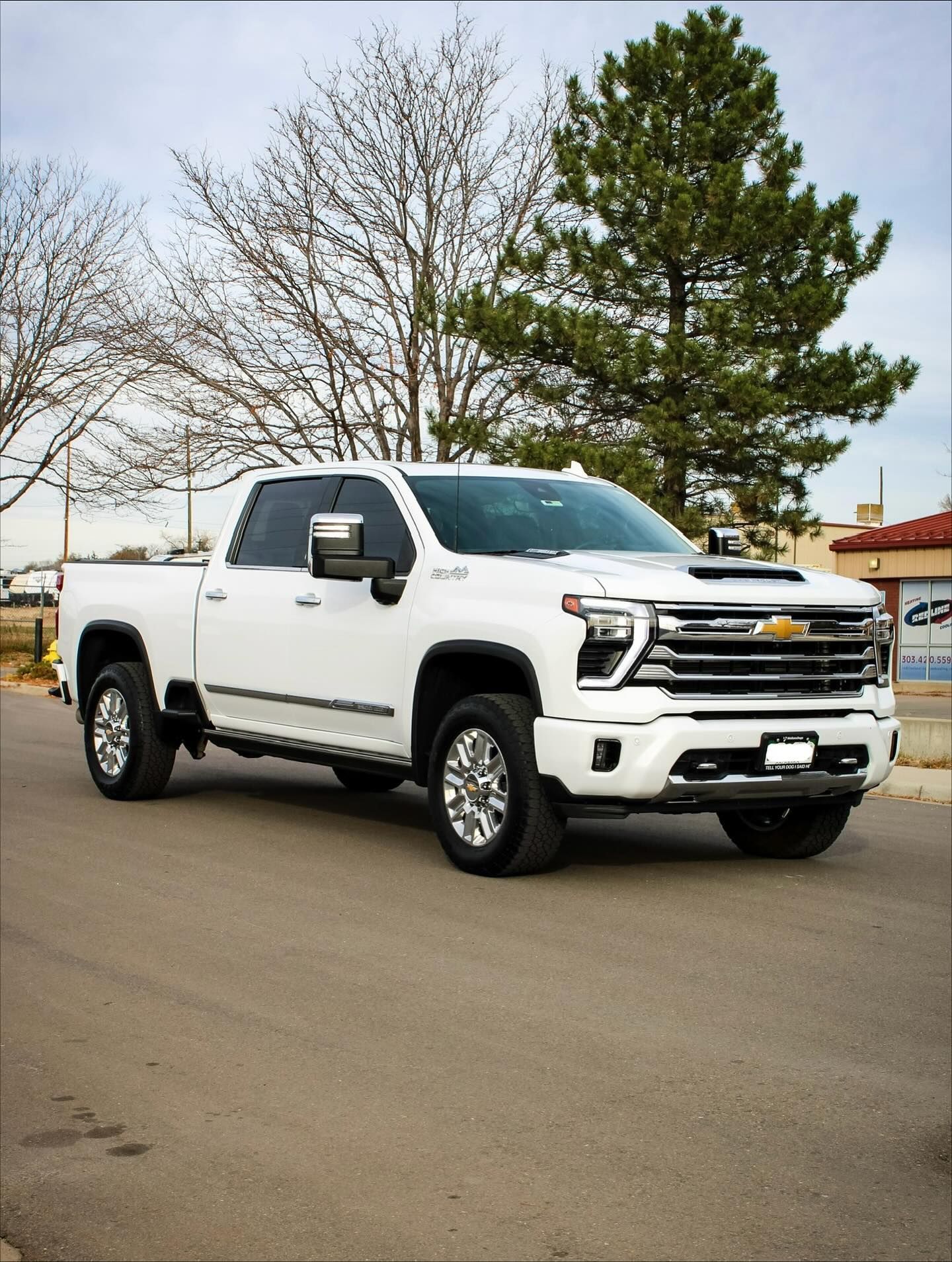White Chevrolet pickup truck parked on an asphalt road; trees and a building in the background.