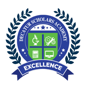 Decatur Scholars Academy logo: a blue and green crest with science and technology symbols, surrounded by laurel wreaths and a 