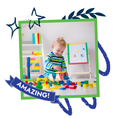 Smiling toddler playing with colorful blocks in a bright room; a green-framed photo is decorated with stars and the word