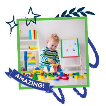 Smiling toddler playing with colorful blocks in a bright room; a green-framed photo is decorated with stars and the word