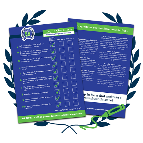 Checklist and flyer for a daycare, with blue and green text on a white background. Includes a green crayon graphic.
