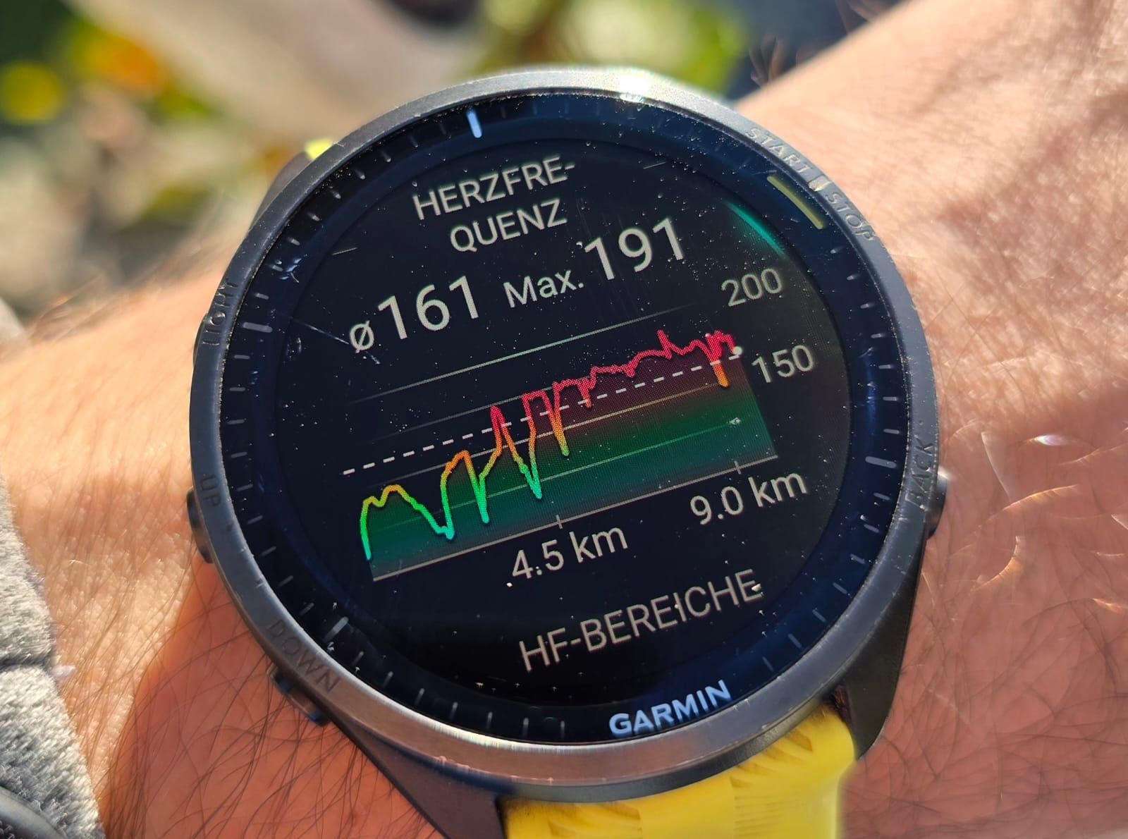 Garmin Sportuhr mit Verlauf der Herzfrequenz beim HYROX Hamburg 2025