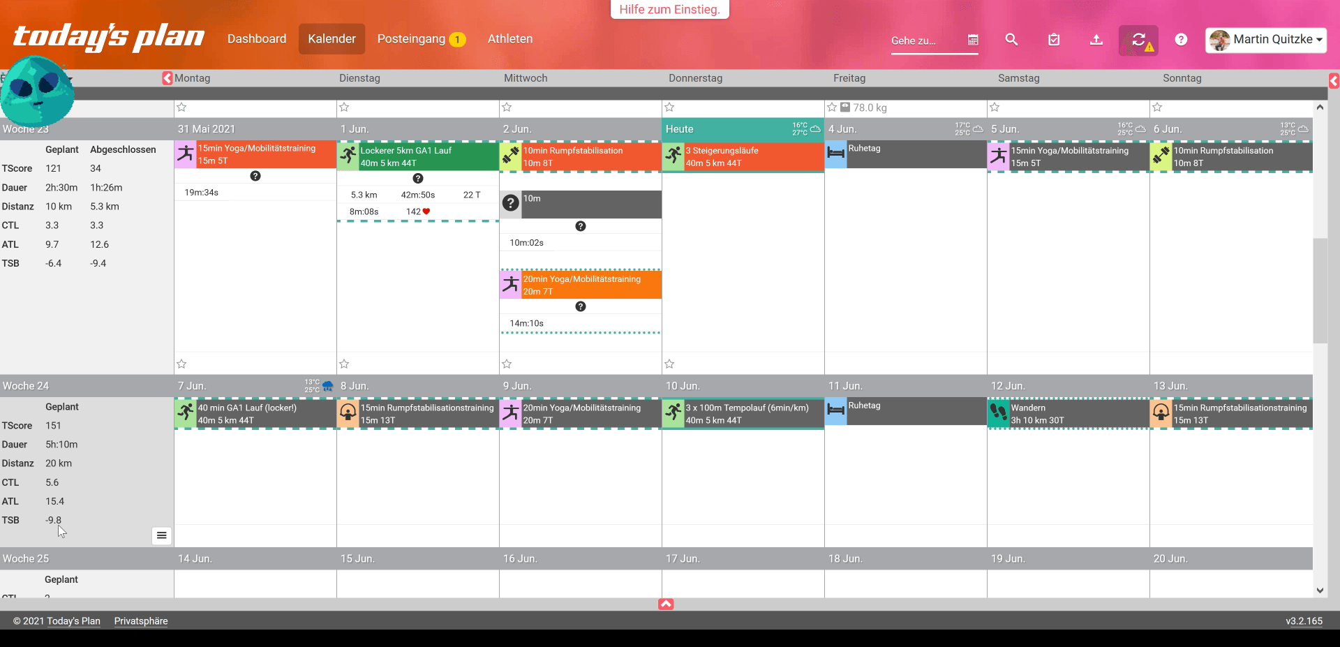 Today's Plan - Kalenderansicht mit geplanten und abgeschlossenen Einheiten
