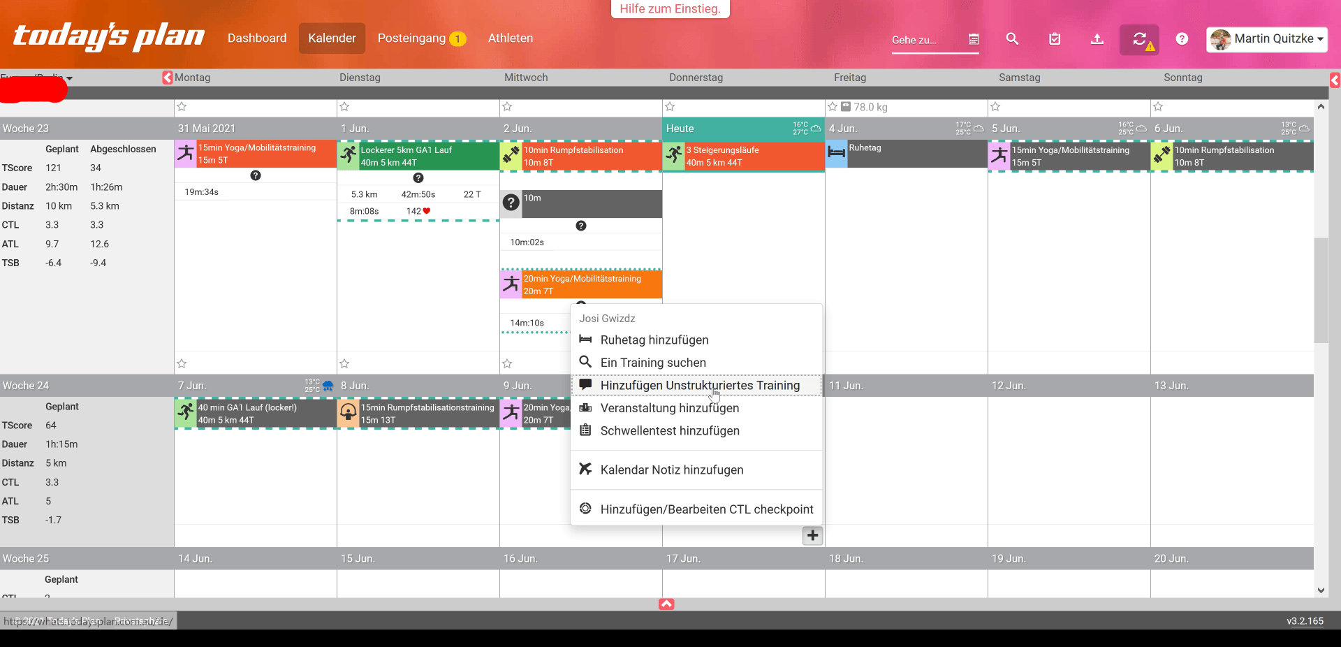 Today's Plan - Unstrukturiertes Training in der Kalenderansicht hinzufügen