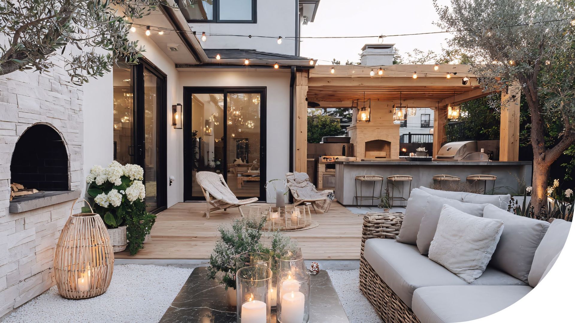 outdoor living area with winter lighting