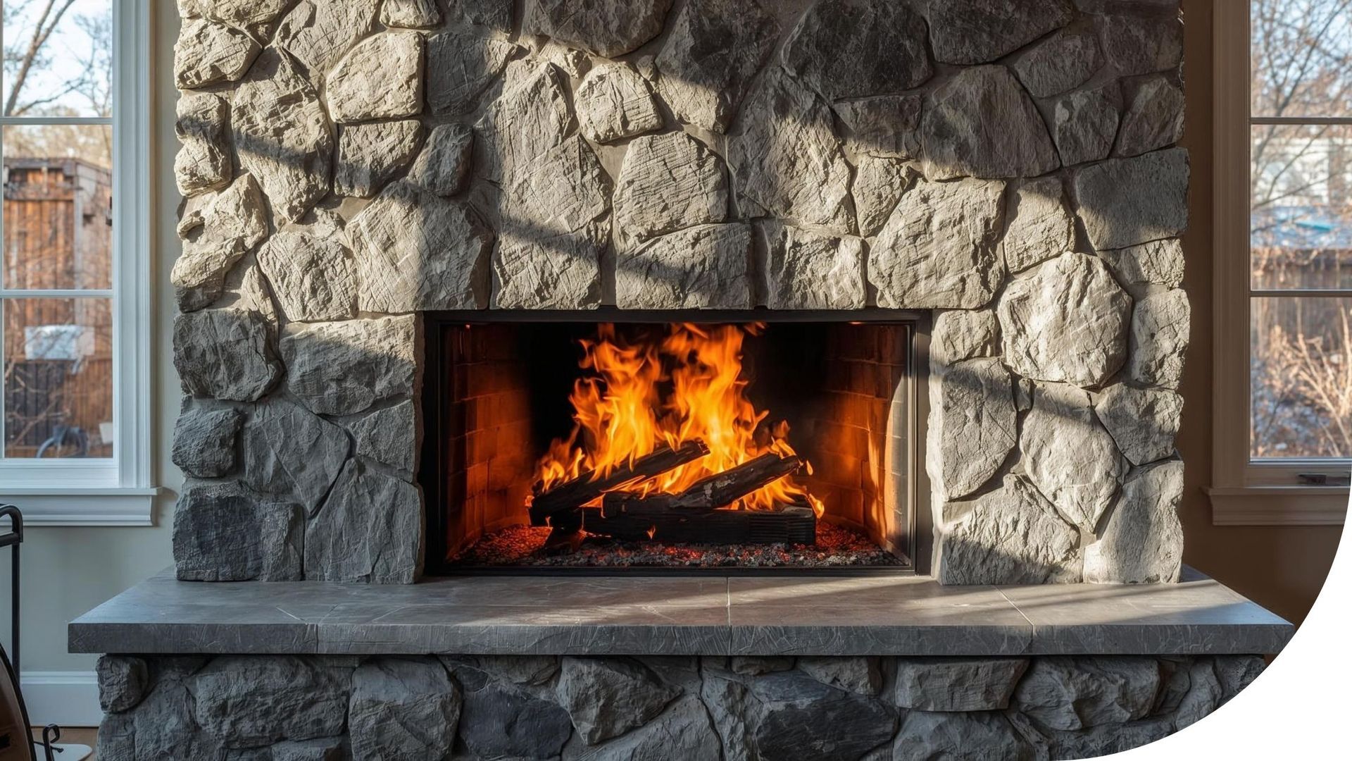 Fireplace with stone surround, burning fire in a room with windows.