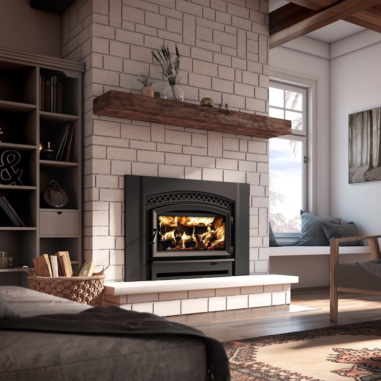 A living room with a fireplace and a bookshelf