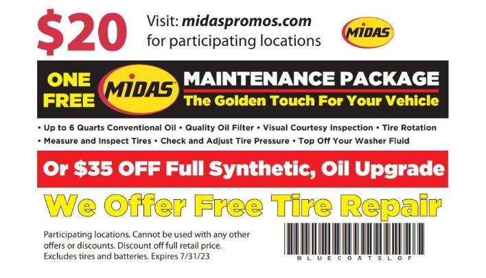 A coupon for midas maintenance package that offers free tire repair