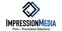 The logo for impression media print + promotion solutions is blue and black.