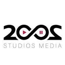 Logo for 200S Studios Media with an infinity symbol featuring a play and pause icon, in black and burgundy on white.