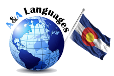 The logo for A&A Languages, featuring a blue globe and a flag of Colorado on a flagpole.