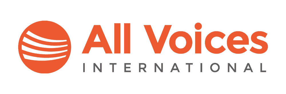 Orange logo for All Voices International, featuring a circular icon with curved white lines next to the text.