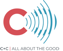 The C+C logo features a red letter C with blue sound waves radiating outward, text reads: C+C | ALL ABOUT THE GOOD.