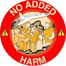 A circular graphic featuring a plane above people covering their noses and mouths, labeled 