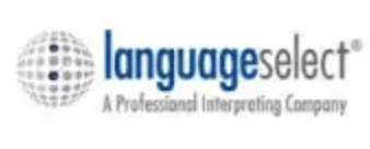 Logo for LanguageSelect, featuring a globe icon and the company name in blue and gray text.