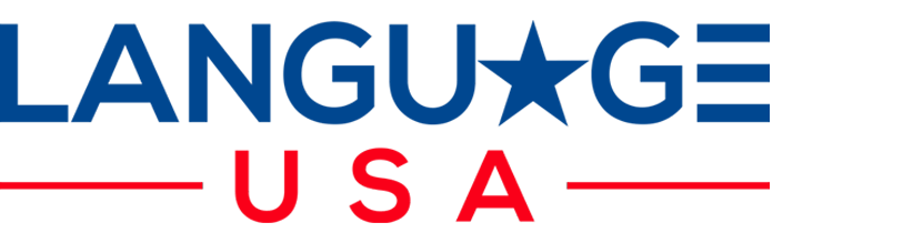 Logo for Language USA featuring blue text with a star as the 'A', and the word 'USA' in red text below.