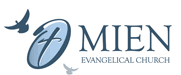 Logo for Mien Evangelical Church featuring a blue oval with a cross, accompanied by two birds in flight.