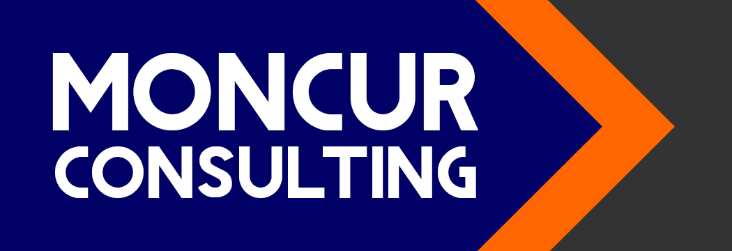 The Moncur Consulting logo, featuring white text on a blue background shaped as an arrow pointing right with orange trim.