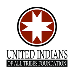 Logo for United Indians of All Tribes Foundation with a dark red eight-pointed star in a circle above the organization name.