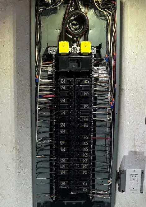 Electrical panel with black circuit breakers and wiring.